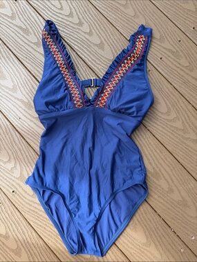 Splendid Royal Blue One-Piece Swimsuit with Multicolor Embroidered Trim S/M
